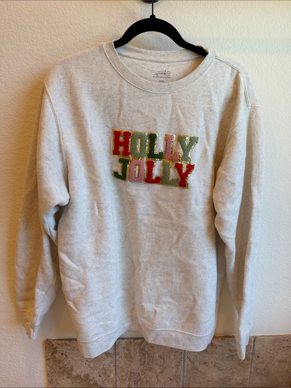 Wink Cream 'Holly Jolly' Embroidered Crewneck Sweater